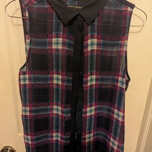 Banana Republic Sheer Plaid Sleeveless Shirt - Navy and Burgundy